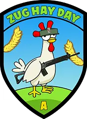 ein realisiertes Abzeichen mit der Bezeichnung RS Badge, auf dem Abzeichen steht Zug Hay Day und ein hay day-Huhn mit einer Militärmütze und einem fass 90 unter seinen Fittichen.