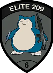 ein realisiertes Abzeichen mit der Bezeichnung RS Badge, auf dem Abzeichen steht elite 209 mit einem pokemon ronflex, der eine Spritze und ein Gewehr in den Händen hält.