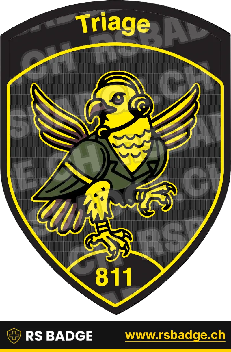 Ein gelbliches Militärisches Badge in Schildform, das eine Adler Figur, die mit einer Mischung aus einem Stethoskop und einer kugelsicheren Weste gekleidet ist und die Flügel ausbreitet zeigt. Im unteren Bereich findet sich die Zahl „811“, im oberen Bereich steht der Titel „Triage“. Das Badge befindet sich im Hintergrund einer dunkel-grauen Fläche mit vertikalen Streifen im Muster. Im unteren Bereich des Hintergrunds wird eine Kreisform angedeutet, die sich auf „Schwingen“ beziehen würde, wenn es sich bei dem Badge um die Flagge eines Flugzeugs handeln würde.