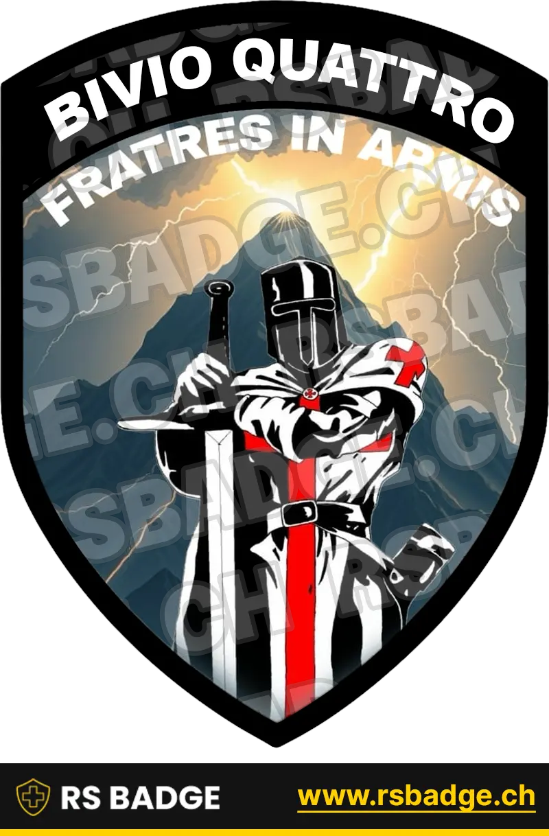 Ein Ritter Militär-Badge, das vier gekreuzte Klingen in verschiedenen Farben über dem Rücken hinter dem Schild oder Schildträger hält und den Titel 'ARMA VIRUMQUE CANO' trägt.