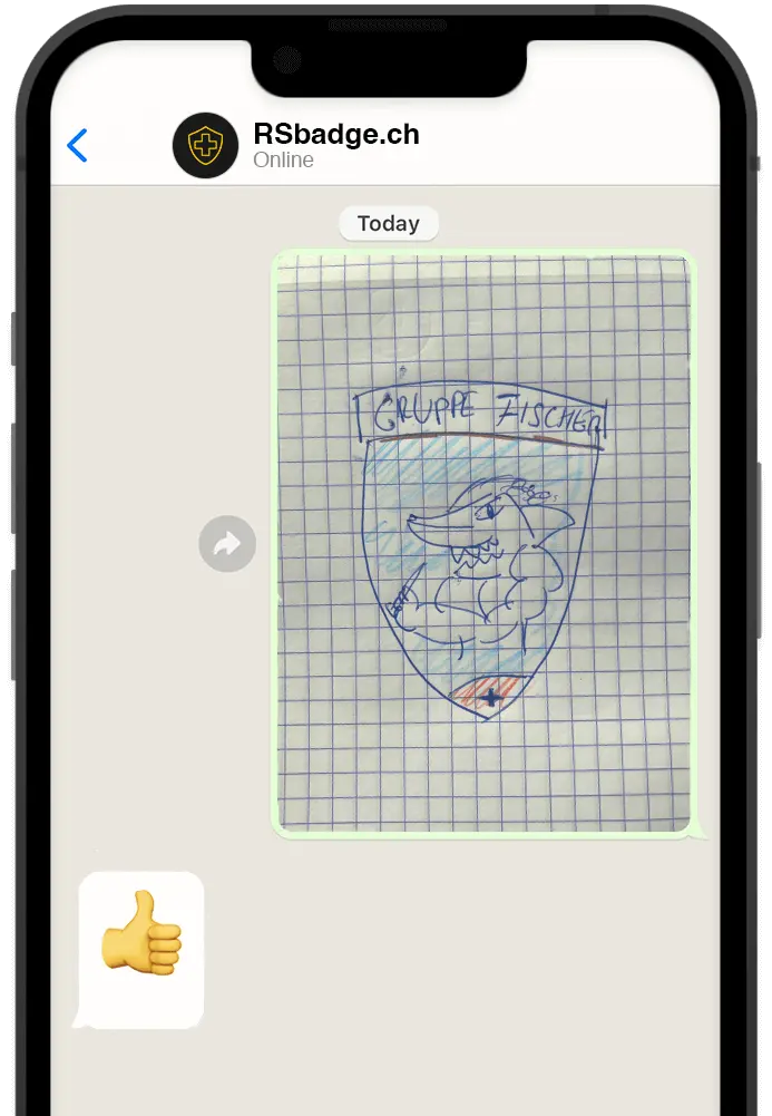 ein iPhone mit einem WhatsApp-Chat, der einen Austausch zwischen einem Soldaten, der eine gezeichnete Skizze eines Abzeichens sendet, und RS Badge, der mit einem Daumen nach oben antwortet, beschreibt.